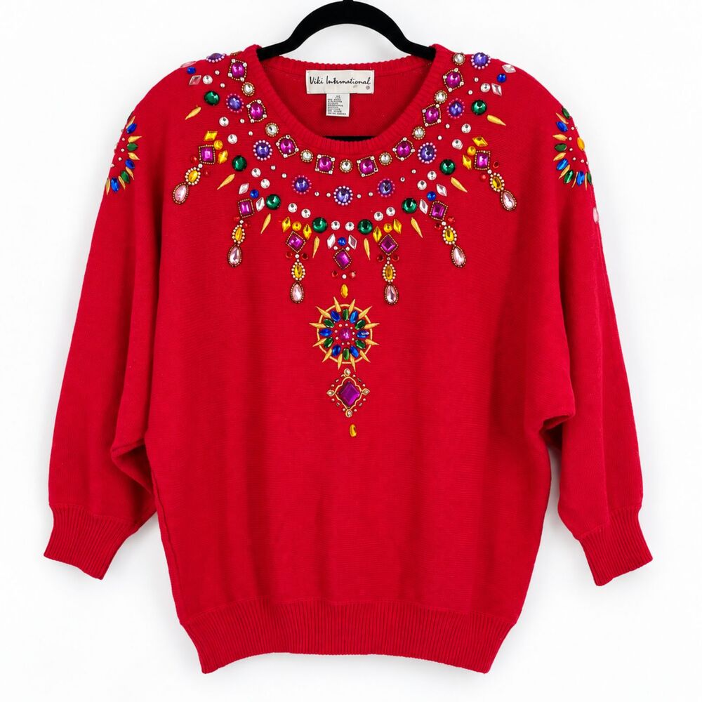 Red Jeweled Statement Sweater Maximalist Holiday Vintage Viki International 2X